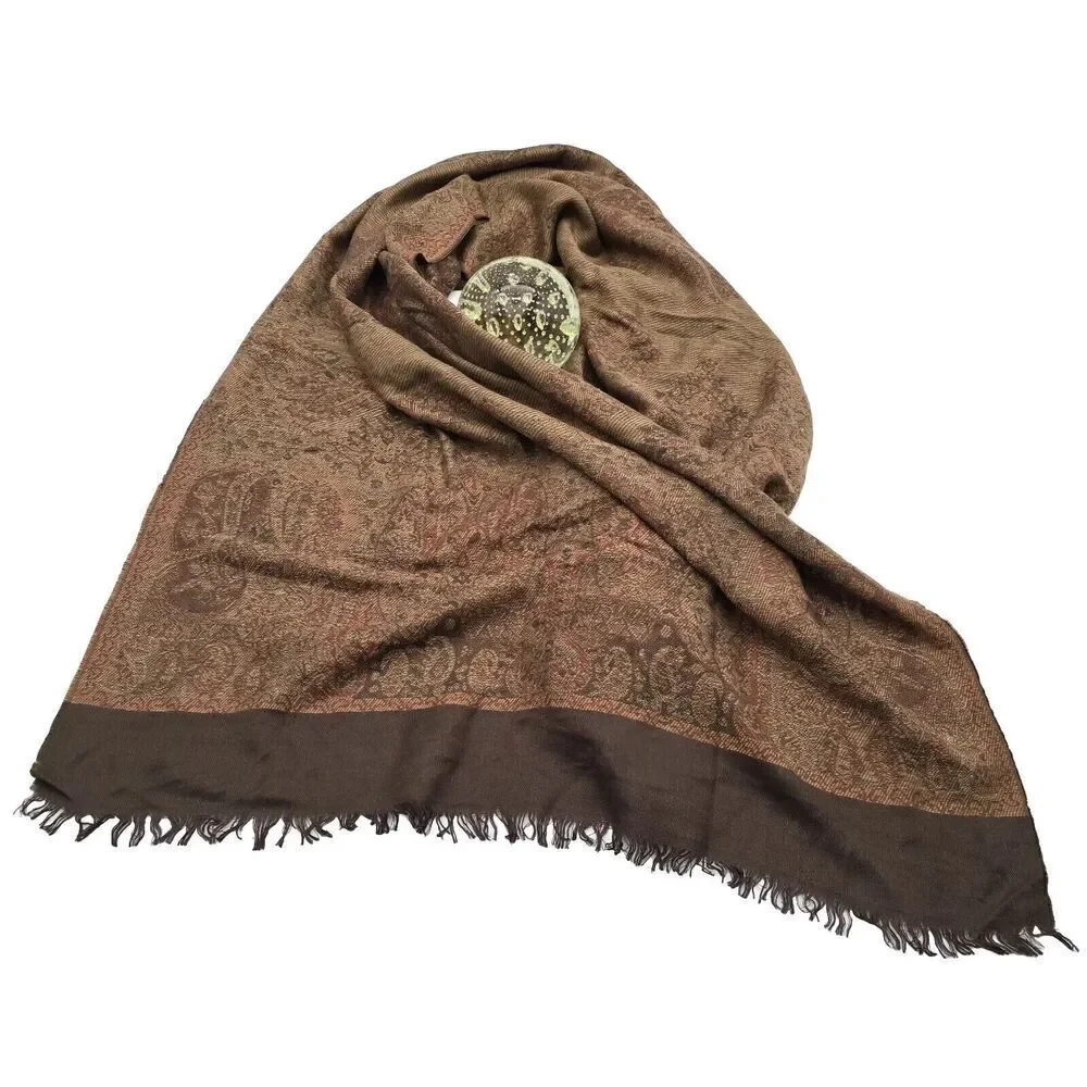 Pashmina Scarf Brown Silk Fringe Rectangle Wrap Boho Paisley 27X69